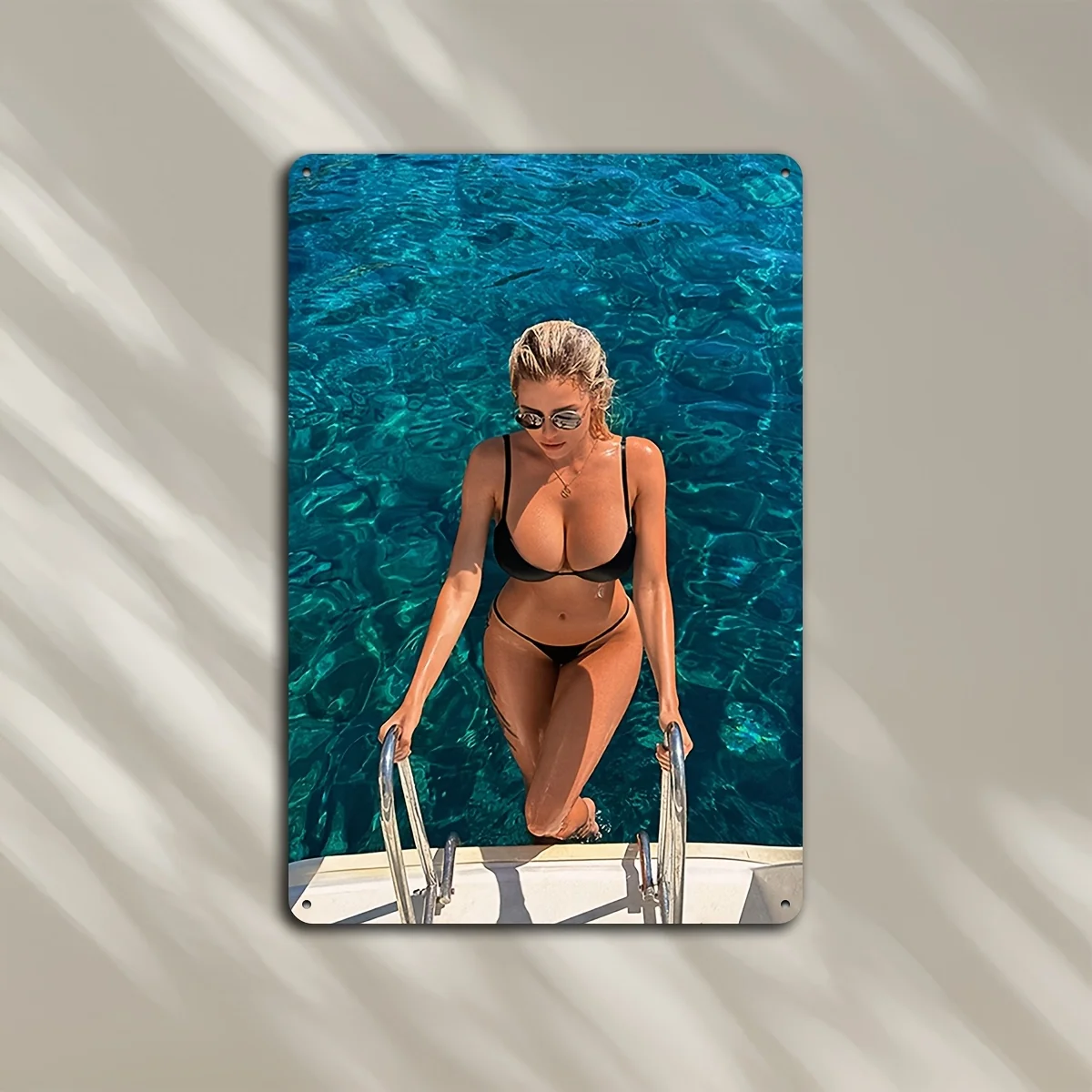 Retro Pin-Up Blonde Woman in Black Bikini Yacht Pool Metal Tin Sign, Summer Vacation Art Wall Decor for Man Cave Bar Home