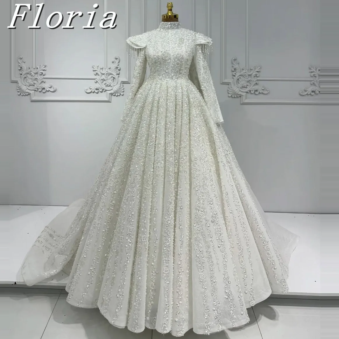 

Customized Luxury Beaded Long Sleeve Wedding Dress Long Bridal Gown Elegant Muslim High Neck Bride Dresses Vestidos De Novia