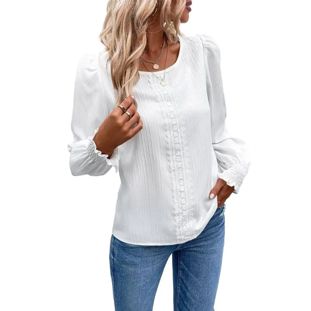 

Elegant Blouses Women Fall Spring Top Elastic Shirring Cuff Round Neck Lace Patchwork OL Commute Style Long Sleeve Lady Blouse