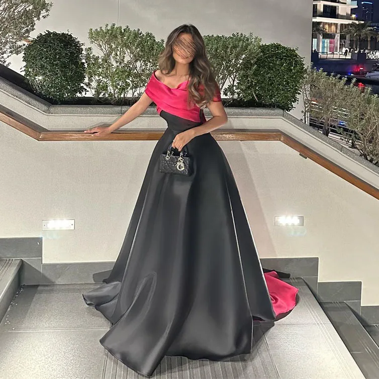 

ROYET Strapless Pleat Long Black Sleeveless Off The Shoulder A Line Evening Dress Floor Length Sweep Train Long Prom Gown New