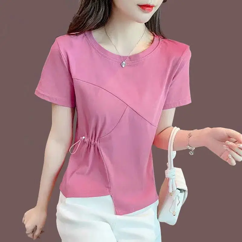 

Asymmetrical Drawstring Tops Tees Summer New Short Sleeve Solid Color Slim Trend T Shirts Street Casual Fashion Women Clothing