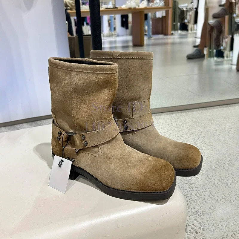 

Khaki Frosted Retro Ankle Boots Belt Buckle Western Cowboy Square Heel Thick Bottom Short Boots 2026 Women's Shoes Street Style