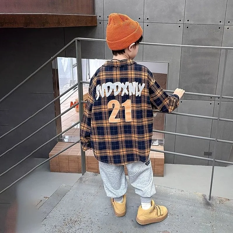 2025 New Boys Long Sleeve Checkered Shirt Spring Autumn Kids Stylish Medium to Large Size Pattern Children's Spring Fashion