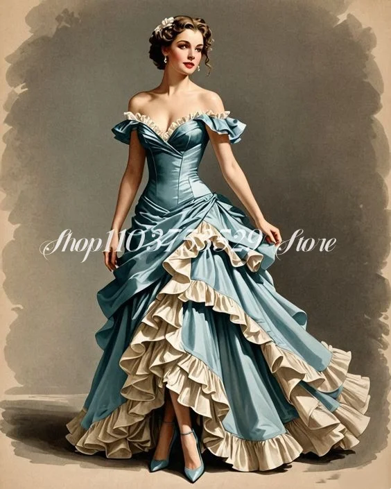 Elegant Mid Century Prom Dresses Vintage Ice Blue Strapless Lace Pleated Long Renaissance Queen Evening Gowns فساتين سهره