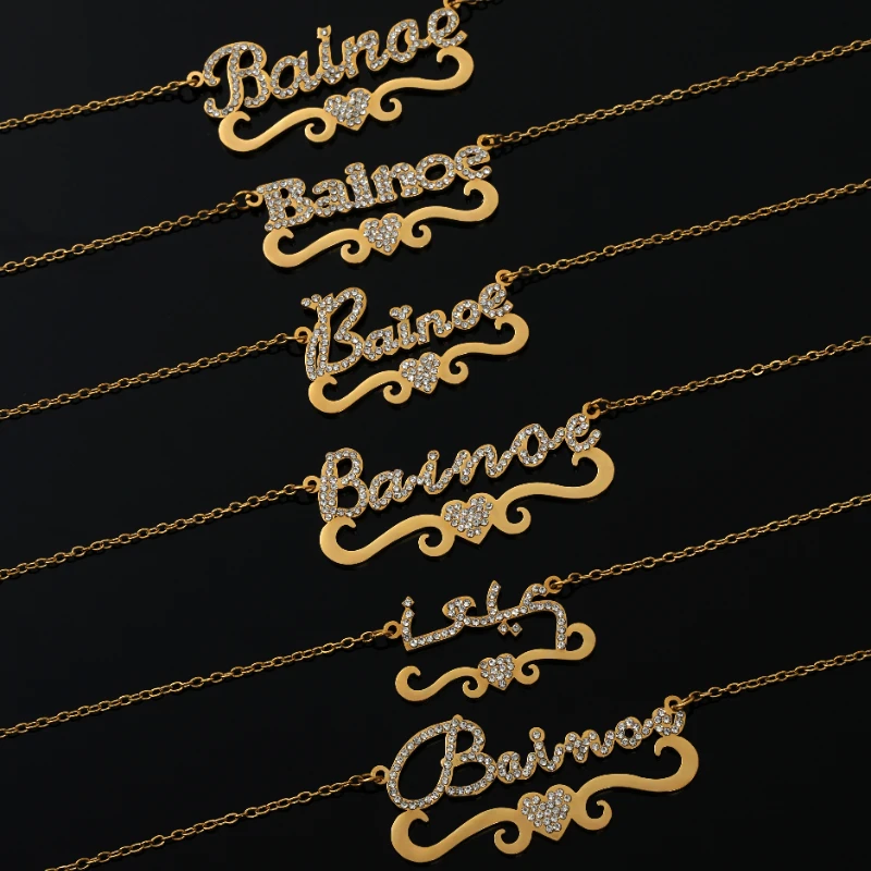 

Custom Name Diamond-studded Necklace for Women Personalised Love Wave Pendant Stainless Steel Jewelry Chain Choker Collar Gift