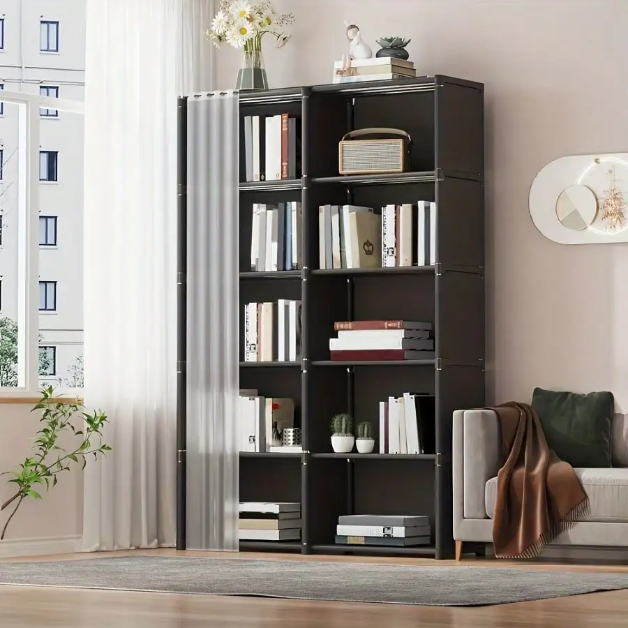 Multi-Layer Book Storage Rack with Easy Assembly, Dustproof Wardrobe Organizer Cabinet, Space Saving Storage Shelf for Office Classroom Dormitory Rental Room, White/Black