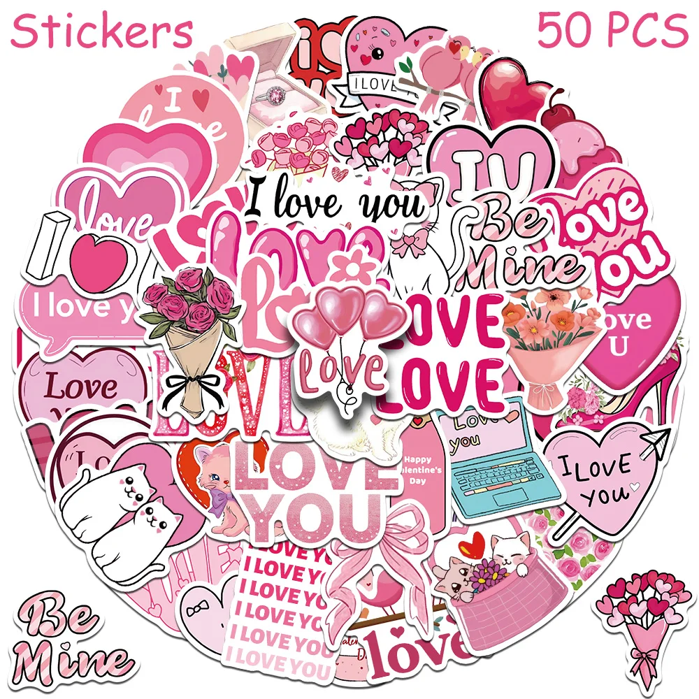 50 stücke Cartoon Rosa Liebe Aufkleber Aufkleber Für Laptop Notebook Kühlschrank Skateboard Gitarre DIY Ästhetische Wasserdichte Aufkleber