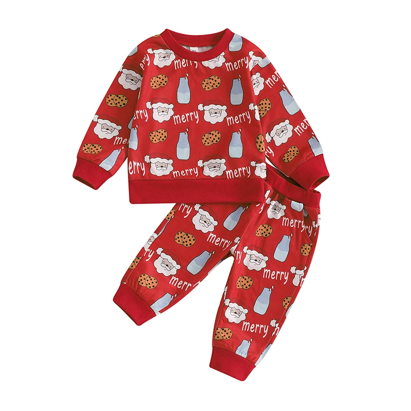 Boys Christmas Pants Sets Long Sleeve Round Neck Santa Claus Print Sweatshirt Pants Sets