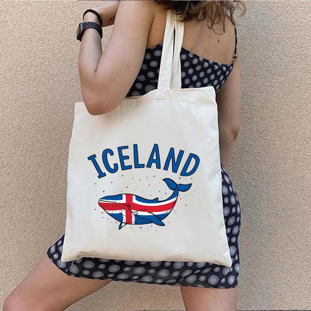 Reykjavik IJsland Hart Vlag Wapenschild Kaart Landmark Stempel Viking Shopper Harajuku Canvas Draagtas Katoen Eco Schouder Handtas