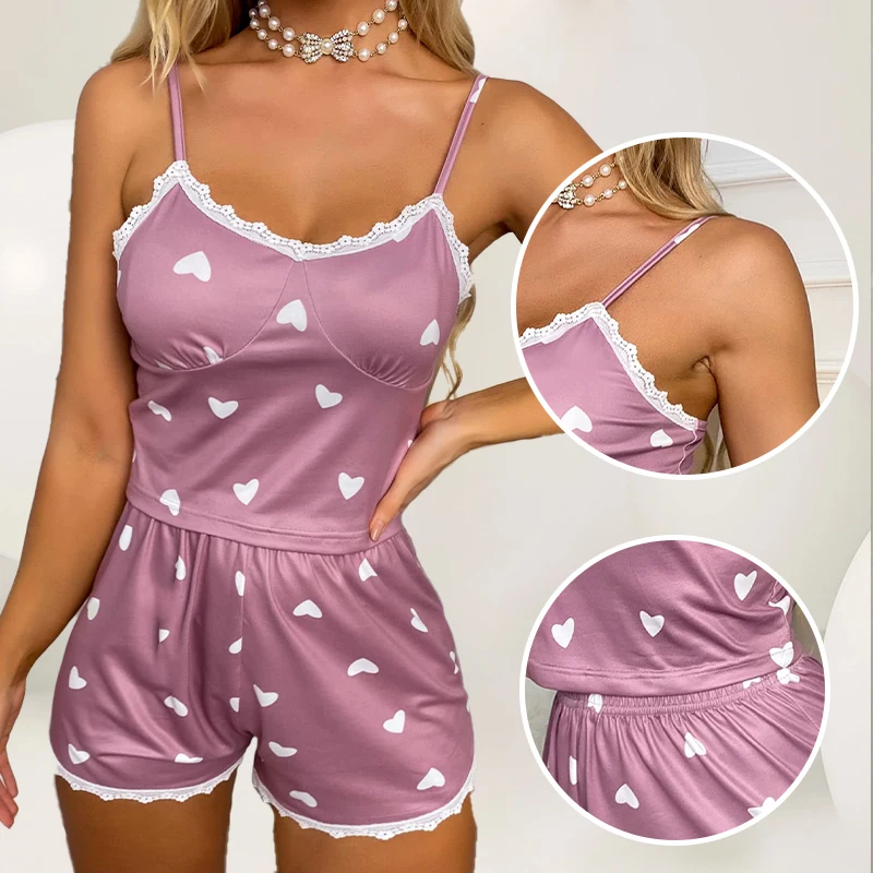 Ensemble de pyjama décontracté pour femme, deux pièces, haut imprimé à col en V et short à bretelles en dentelle