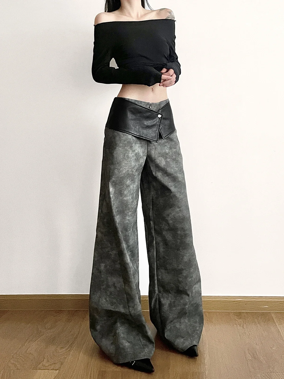 

Fashion trend high-end PU leather high-waisted wide-leg pants women's personality cool Sa thin loose casual trousers