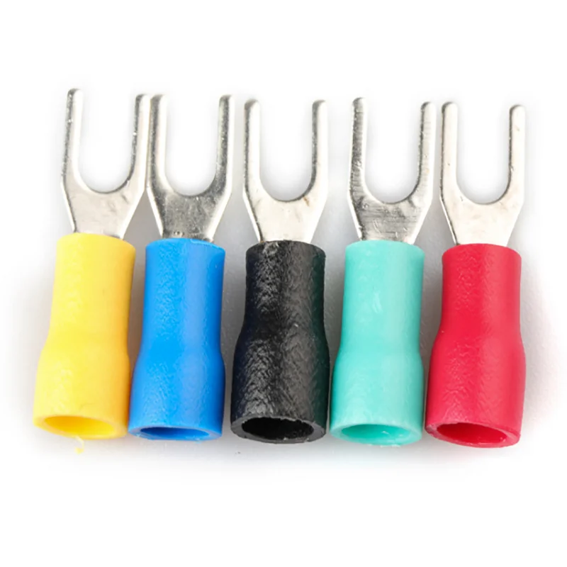 100Pcs/Lot fork type wire spring terminal SV2-4 1.5-2.5mm² U Y brass insulated spade crimping wire cable connector AWG16-14