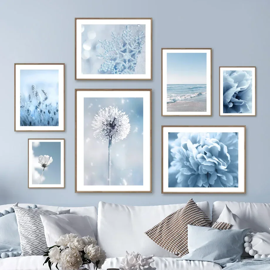 Natural Blue and White Flower Beach Crown Wall Art Canvas Painting  Nordic Posters and Prints for Interior Home Decor