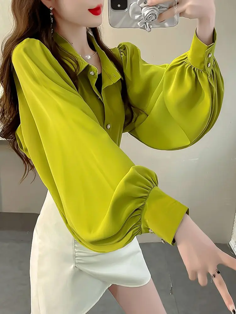 เสื้อลายดอกไม้สีทึบ Elegant Lantern Sleeve ผู้หญิง Top Plus ขนาดเสื้อแขนยาว