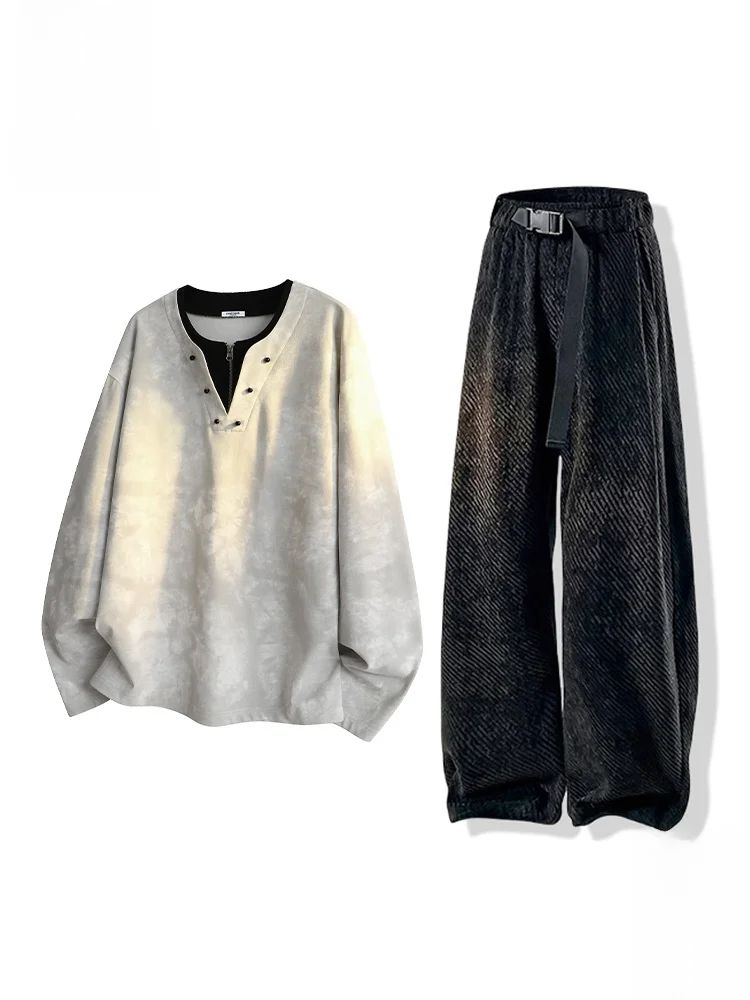 

PaulFrank American Sle Casual Sportswear Set Men's Autumn Faux Two-Piece Sweatirt Wide Leg Pants Leisure Comfortable