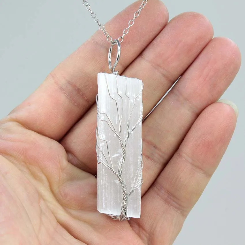 Copper Wire Wrapped Necklace For Women Men Natural Selenite Quartz Crystal Tree of Life White Color Selenite Stone Pendant Chain view 5