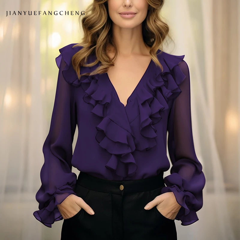 

Fashion Ruffle V-Neck Blouse For Women - Purple Long Sleeve Chiffon Top with Stylish Lantern Sleeves, Lightweight Casual Shirts