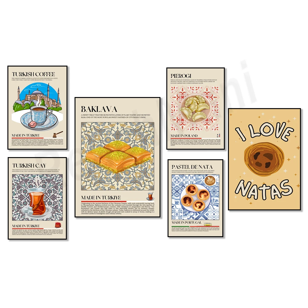 Pierogi gourmet, tarta de huevo portuguesa, baklava, estampado de postre, café turco, poste de restaurante turco, marroquí, de Oriente Medio