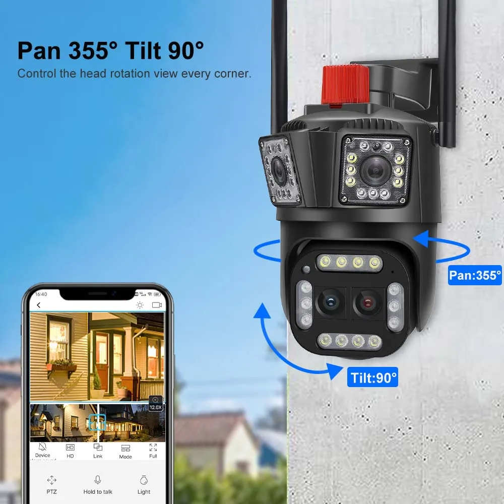 16MP 8K Outdoor WiFi Camera 12X Zoom AI Motion Tracking Four Lens PTZ Video Cameras 360° View Security Protection Surveillance