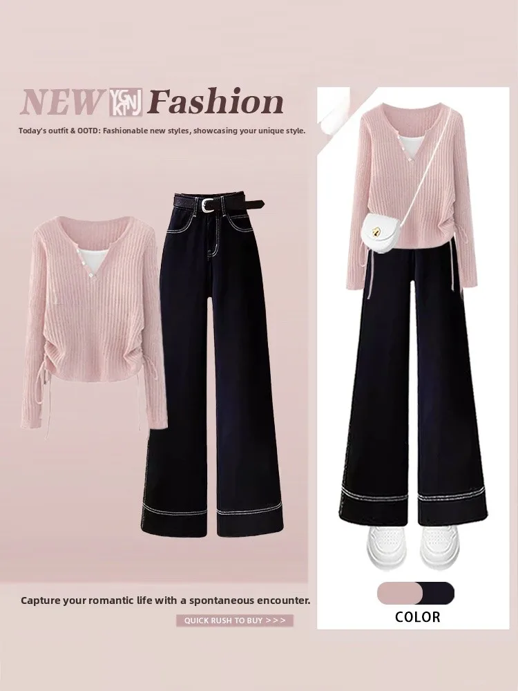 Korean Sle Women's Faion Set Autumn Edition Fake Two-Piece Knitted Top with Jeans Casual Straight Leg Fit Ensemble
