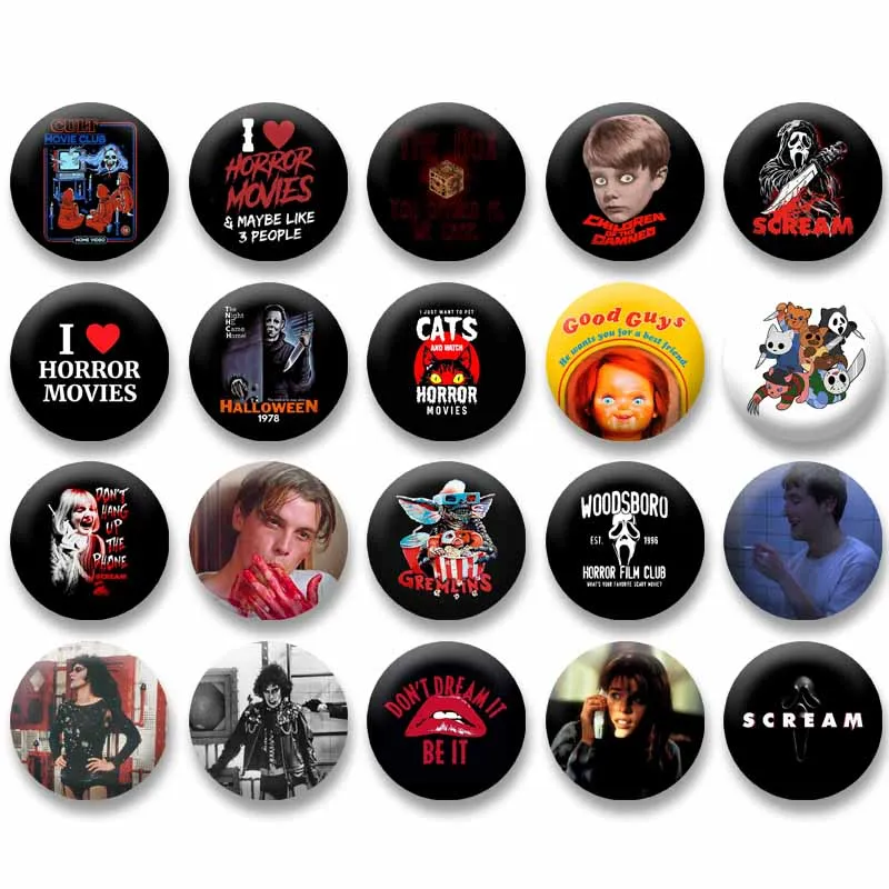 

Creative I Love Horror Movie Badges Cartoon Round Brooches on Backpack Jacket Acrylic Button Pins Jewelry Fans Collection Gifts