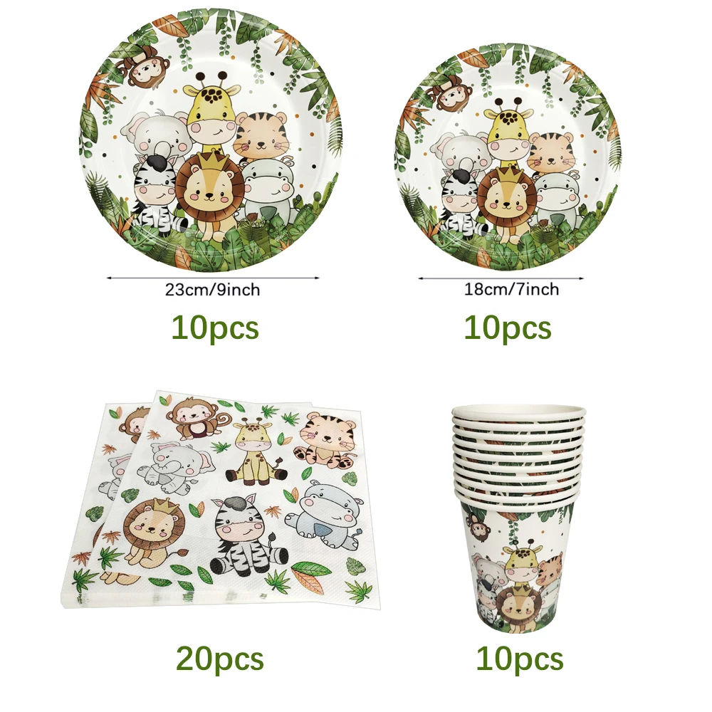 Zestaw jednorazowych zastaw stołowych na imprezę z dżungli Safari Animal Party Theme Paper Plate Cup Tablecloth Birthday Party Decoration Baby Shower