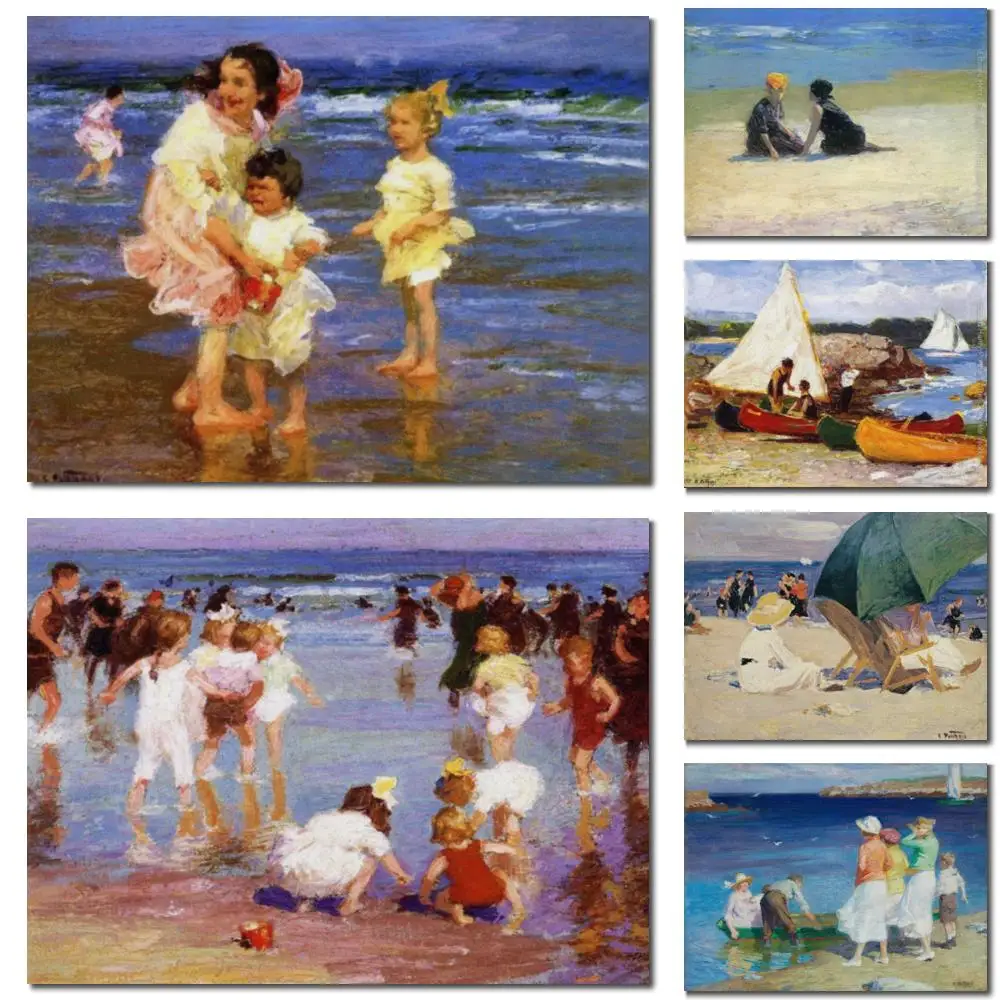 Strandlandschaft Leinwand-Wandkunst, handgefertigt, Edward Henry Potthast, Gemälde „By the Shore“, Meereslandschaftskunstwerk, moderne Schlafzimmerdekoration, groß