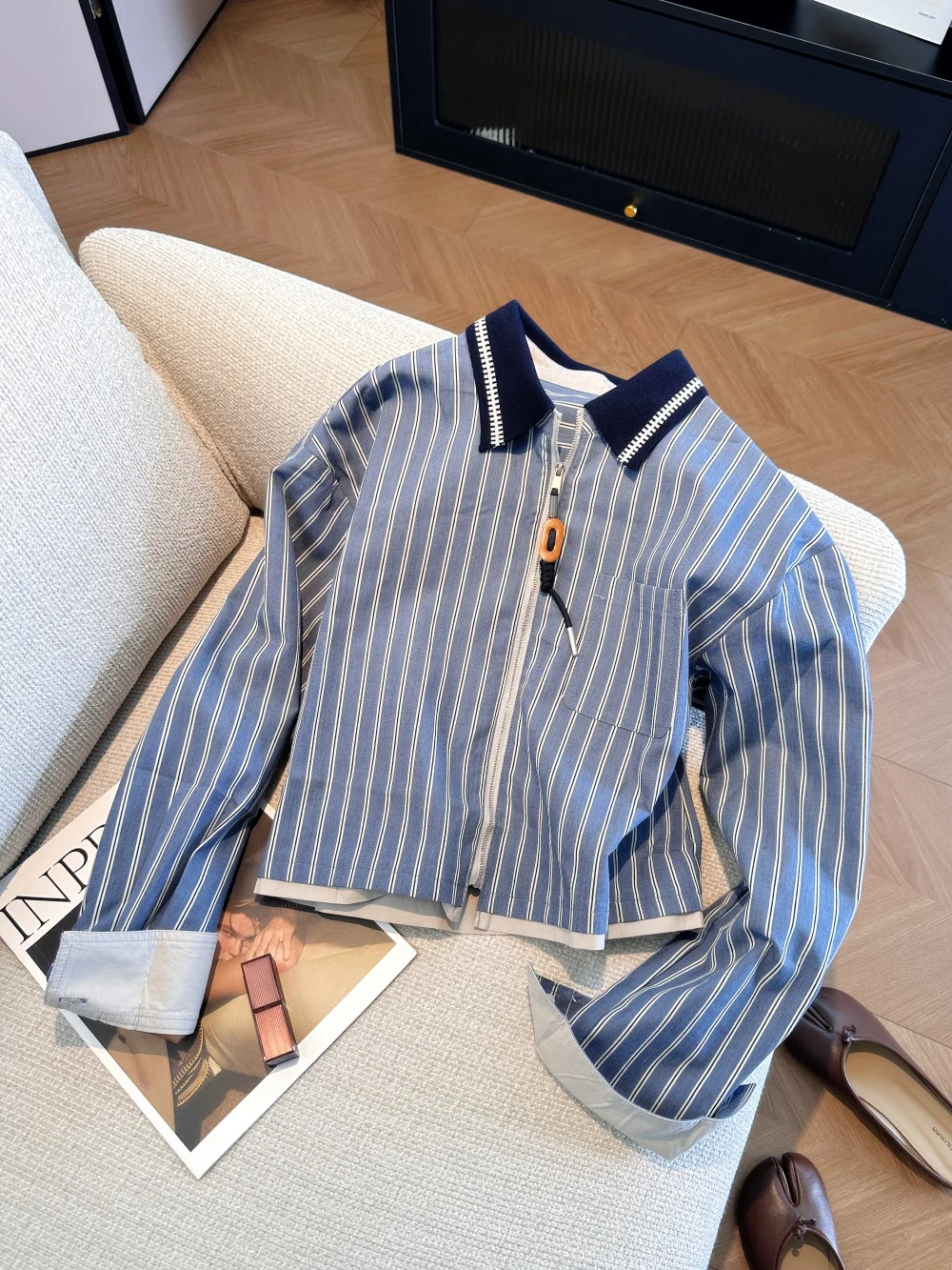 

Retro Striped Long Sve Zipper irt Jaet Casual Versatile Top for Men And Women Spring Autumn Faionable Korean Sle