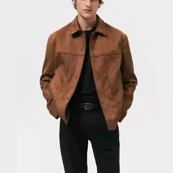 Men's Wear Suede Lapel Jacket Fashion Solid Long Sleeve Mens Coat