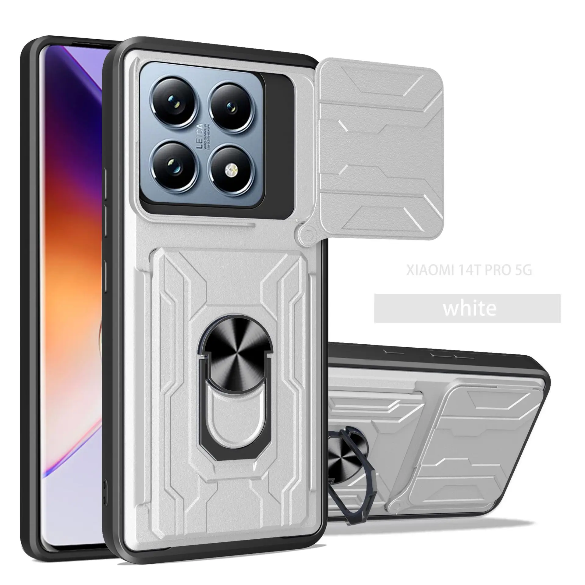 

Для Xiaomi 14T Pro 14T чехол для телефона с металлической поворотной подставкой, крышка объектива, ТПУ + предмет, съемный скрытый слот для карт, противоударный бронированный чехол