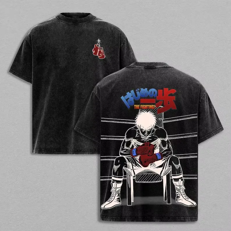 Fighting Spirit Makunouchi Ippo Print T-shirts for Men Women Fashion Hip Hop Street T Shirt Washed Vintage Loose Washed Short