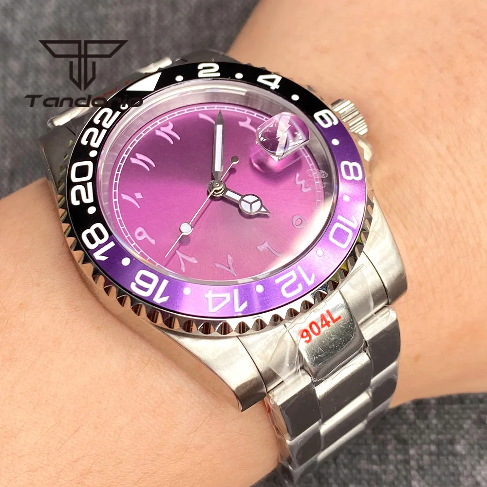 Imagem -04 - Tandorio 40 mm Moda Relógio Automático para Homens Nh35 Sapphire Roxo Sunburst Dial Rotating Bezel Screw Crown Data Aço Inoxidável