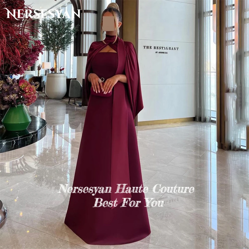 Nersesyan Burgundy Solid Formal Evening Dresses High Neck A-Line Prom Dresses فساتين للمناسبات الرسمية Celebrity Party Gowns