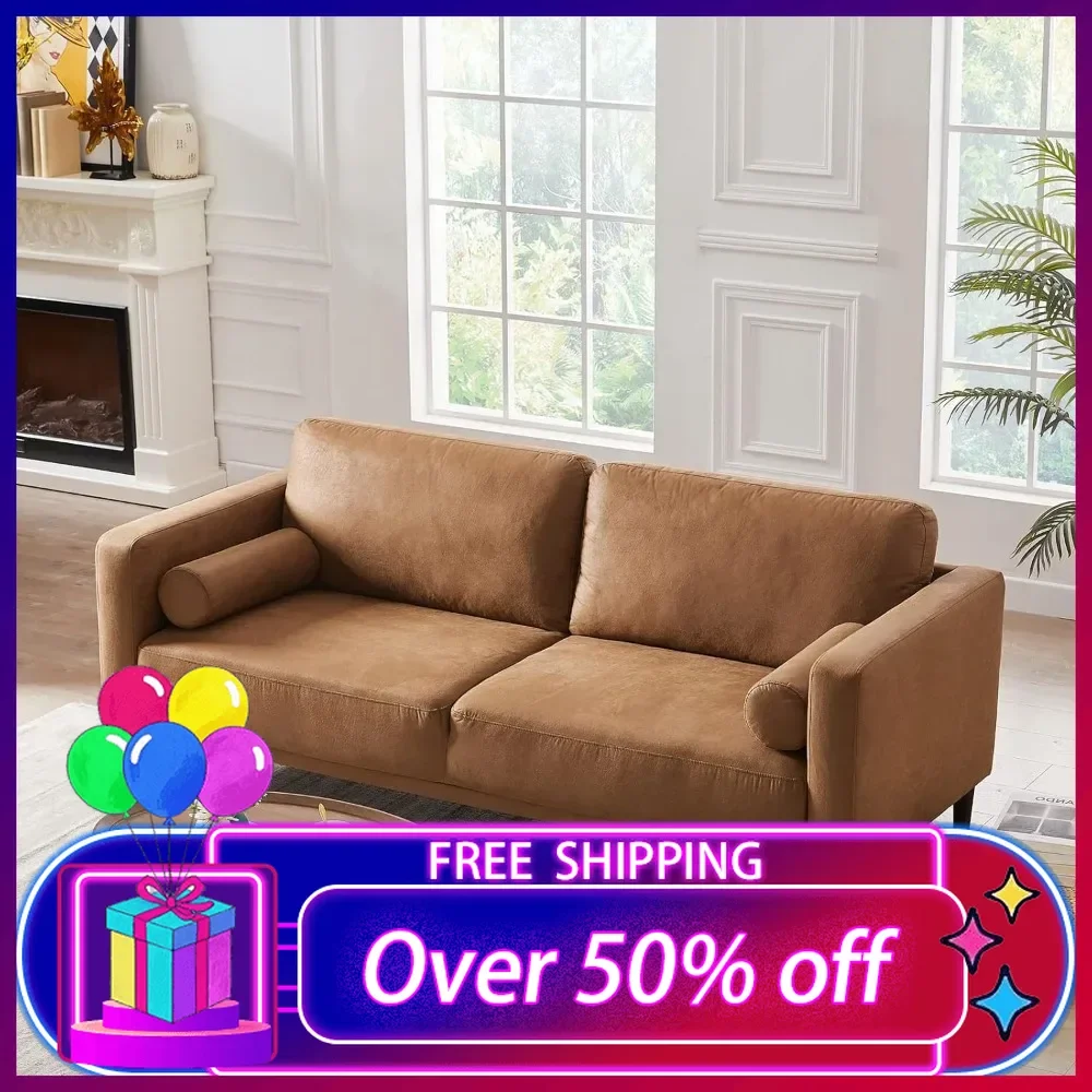 Sofa Couches,79” Mid-Century Modern Couch,Breathable Faux Leather Couch with Upholstered Cushions/Pillows,3-Seat Sofas&Couches