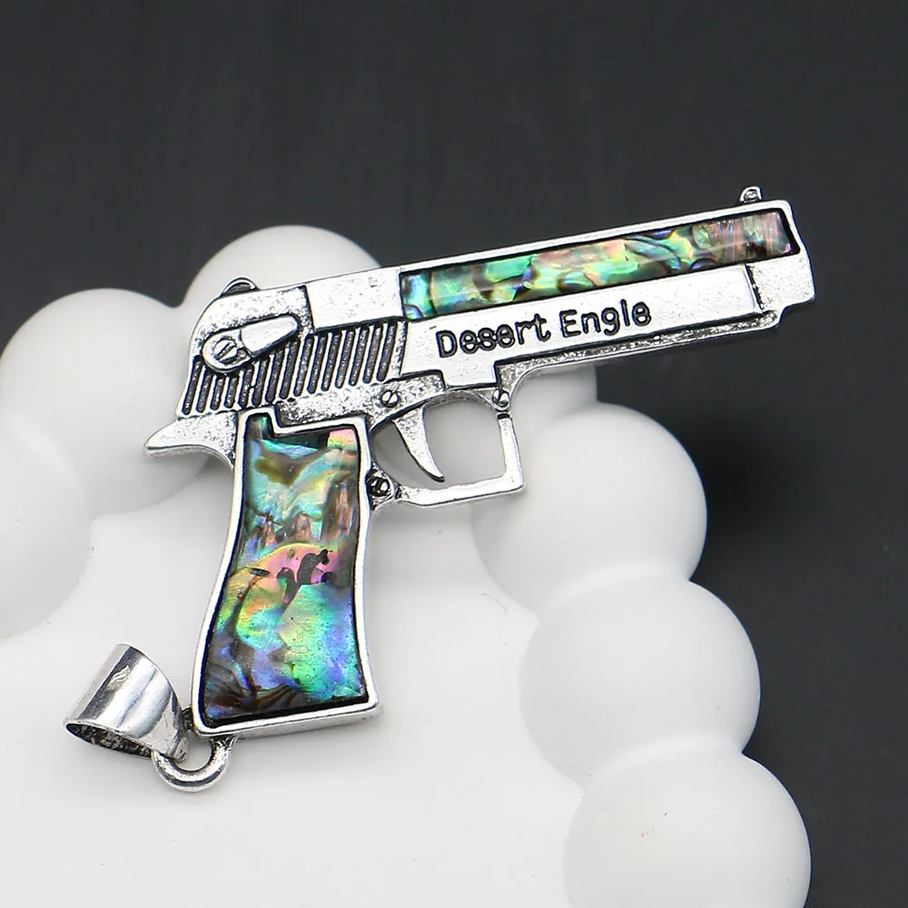Personalized Natural Shell Inlaid Pistol-Shaped Pendant with Retro Pattern Melon Seed Buckle Charms Accessory DIY Punk Necklace