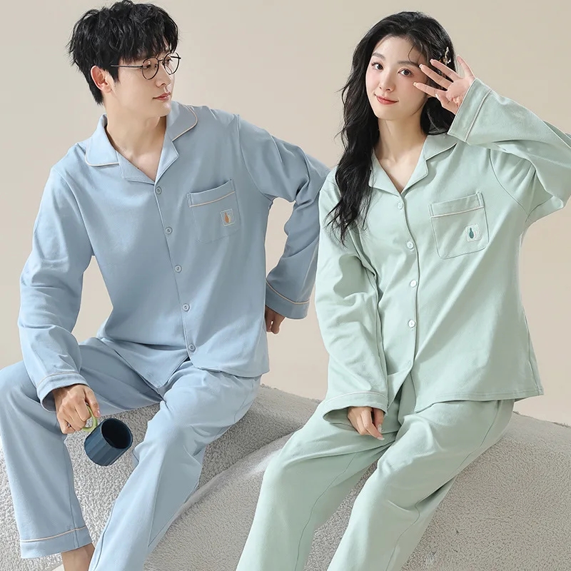 Solid Color Cotton Couple Pajamas Sets for Women Men Sleepwear Comfortable Homewear Autumn Spring Cardigan Loungewear Pijamas