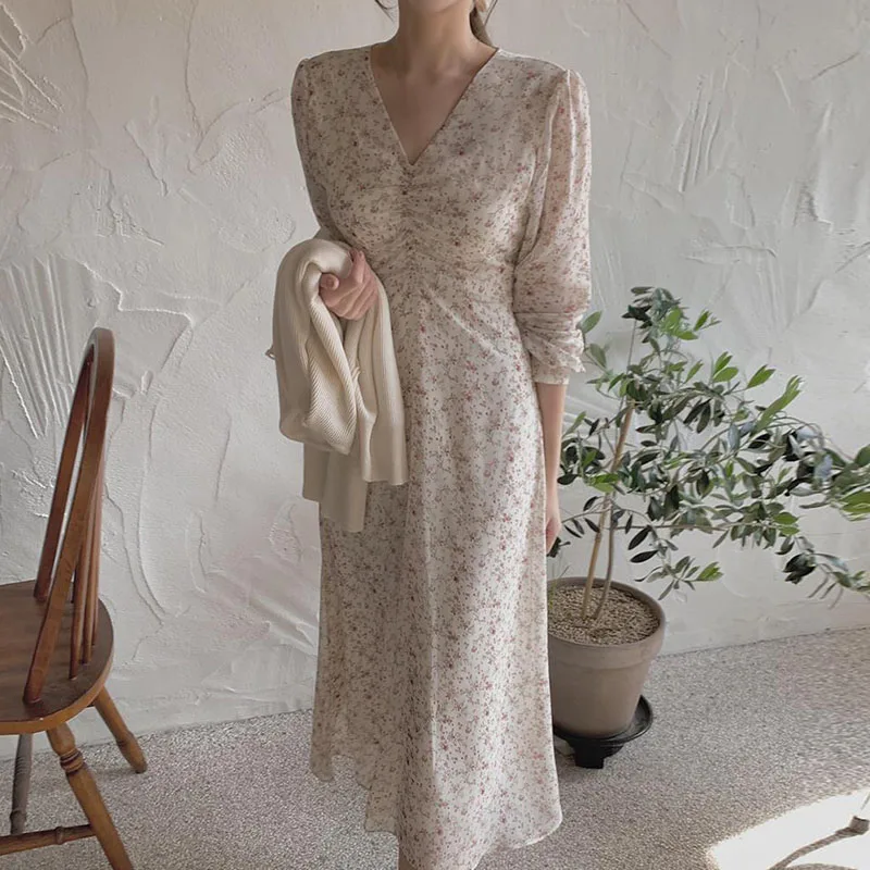 E Vestido Largo de Gasa con Cuello en V y Pliegues en la Cintura para Otoño, Vestido Largo de Estilo Coreano con Estam...