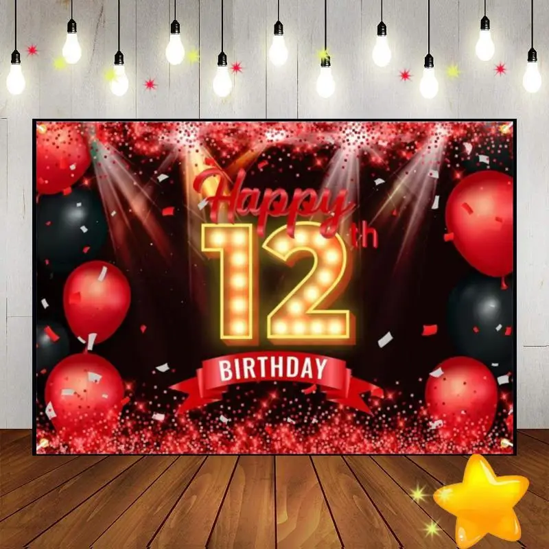 Happy 12th Birthday Vintage Background Green Screen Golden Boy or Girl Photography Backdrops Banner Prince Decoration Hotwheels