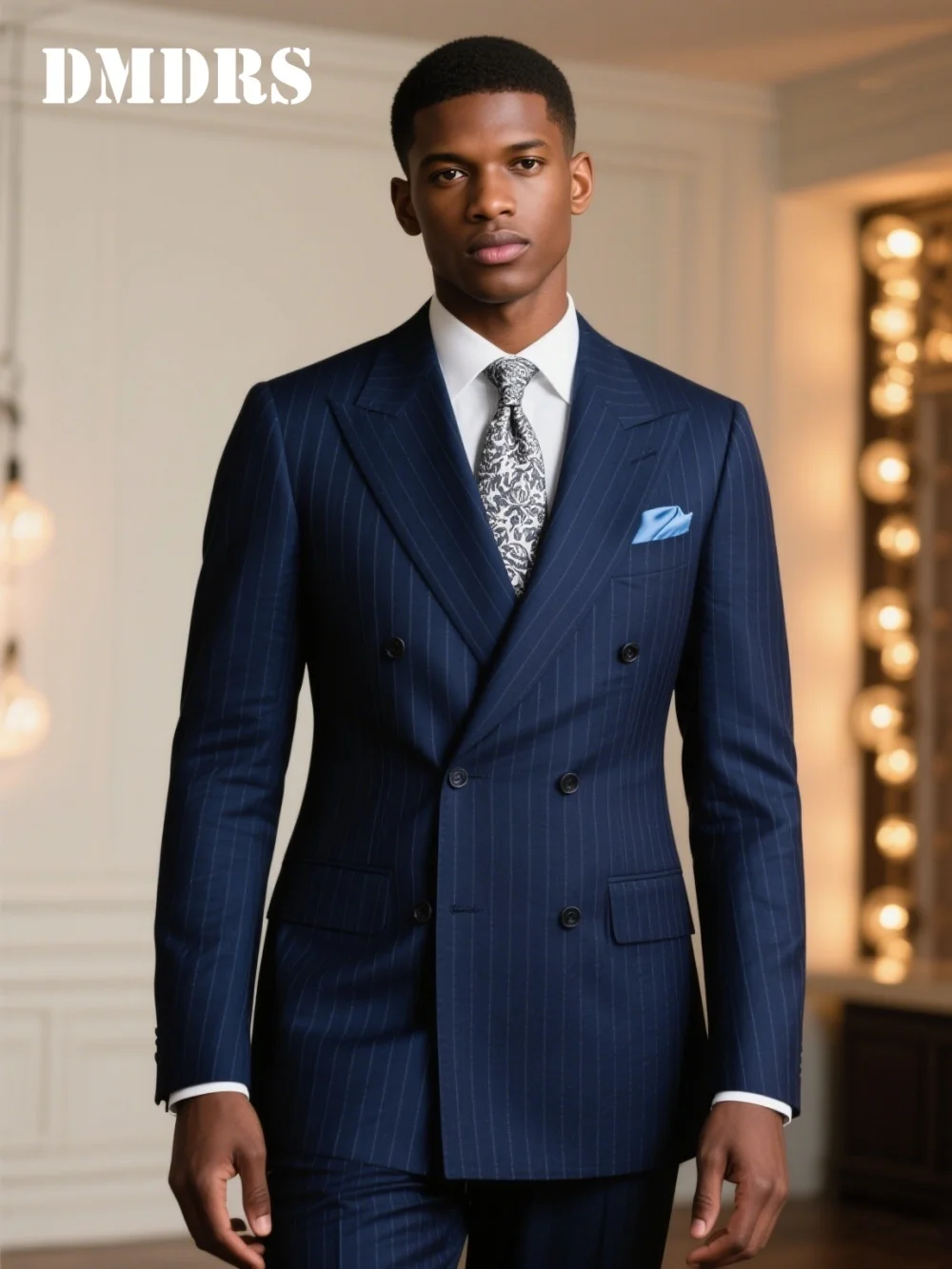 

Navy Blue Pinstripe Double-Breasted Suit For Men Wedding - Formal Groom Suit Set With Classic Jacket And Pants Wedding Suits