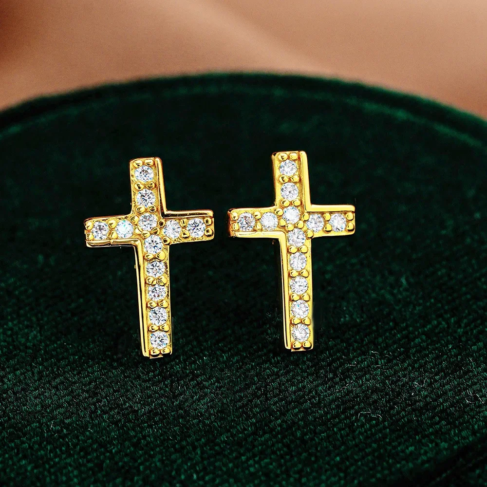 

Luxury Full Moissanite Women's Stud Earrings- Gold Plated Wedding Cross Ear Earrings & Engagement Bridal Jewelry Gift
