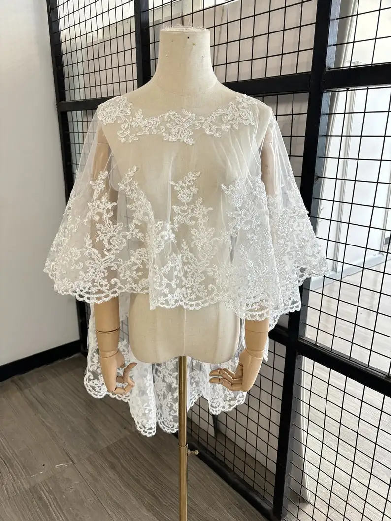 

Floral Lace Bridal Cape Boho Wedding Veil Customize Length And Style / Accept Bulk Orders