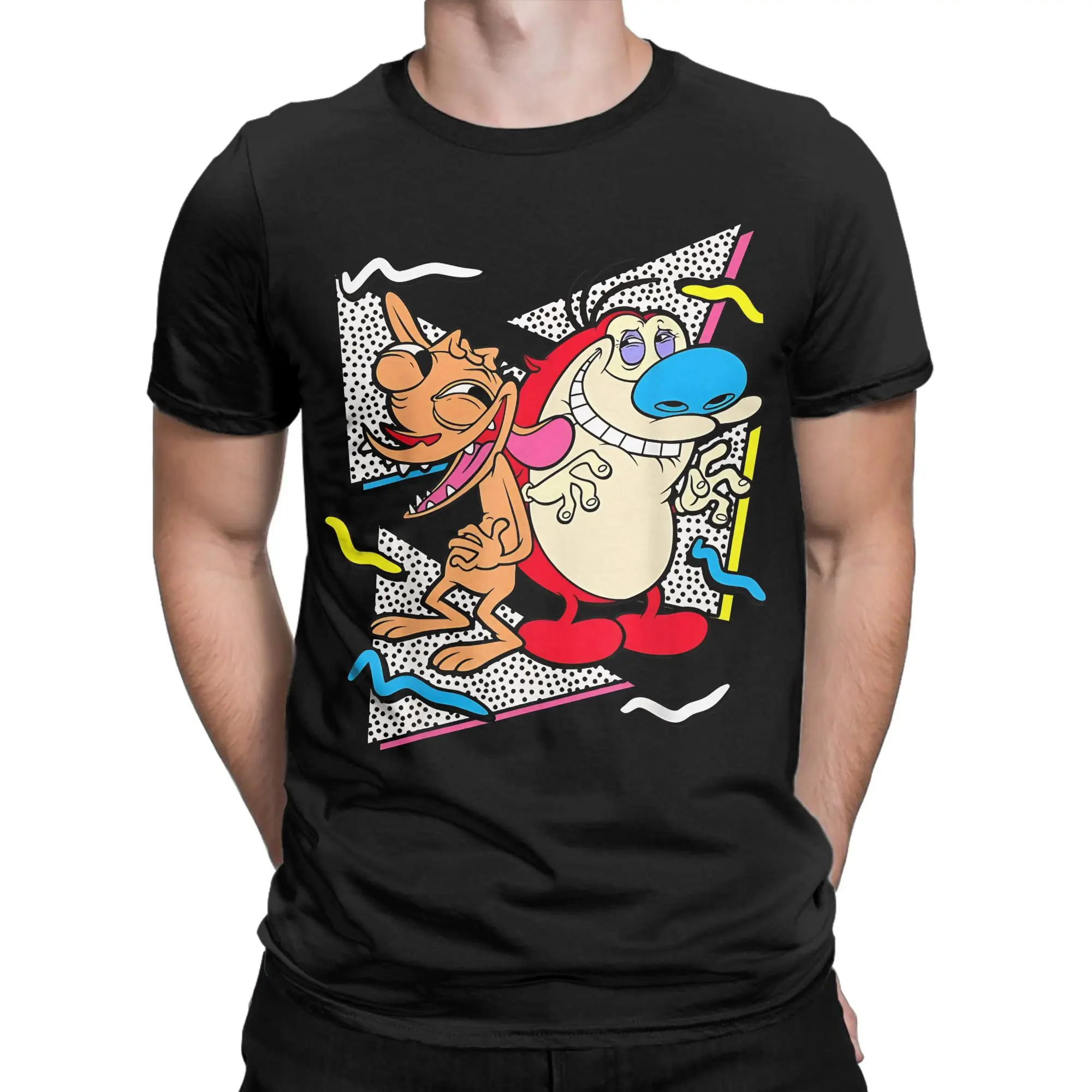 90s Retro Cartoon Duo Funny 100% Cotton T-Shirt R-Ren & Stimpy Tops Tees For Men