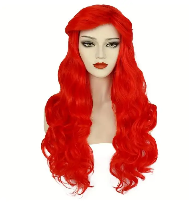 Wig panjang keriting merah sintetis, kostum Cosplay Halloween untuk pesta sehari-hari Cos untuk wanita