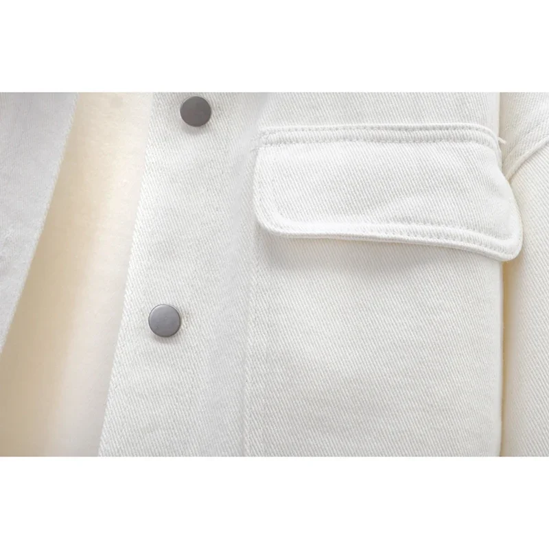 Rosa Weiß Große Tasche Langarm Denim Jacke Frauen Koreanische Mode Cowboy Oberbekleidung Herbst Lose Mid Lange Jeans Jacke Weibliche