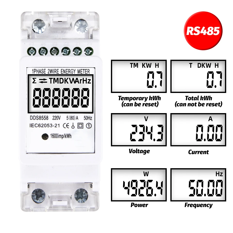 RS485 5-80A 220V AC Electric Energy Meter High Precision  Digital Electricity Consumption Meter With Voltage Current Display