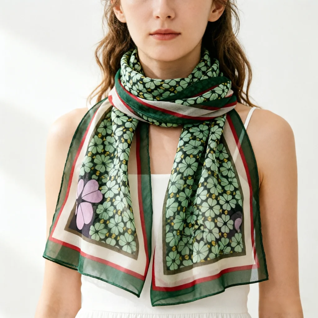 Good Luck Four-Leaf Clover Print Scarf – Lightweight Georgette Shawl for Women, 160cm Long Soft Fashion Wrap Beach & Daily Wear