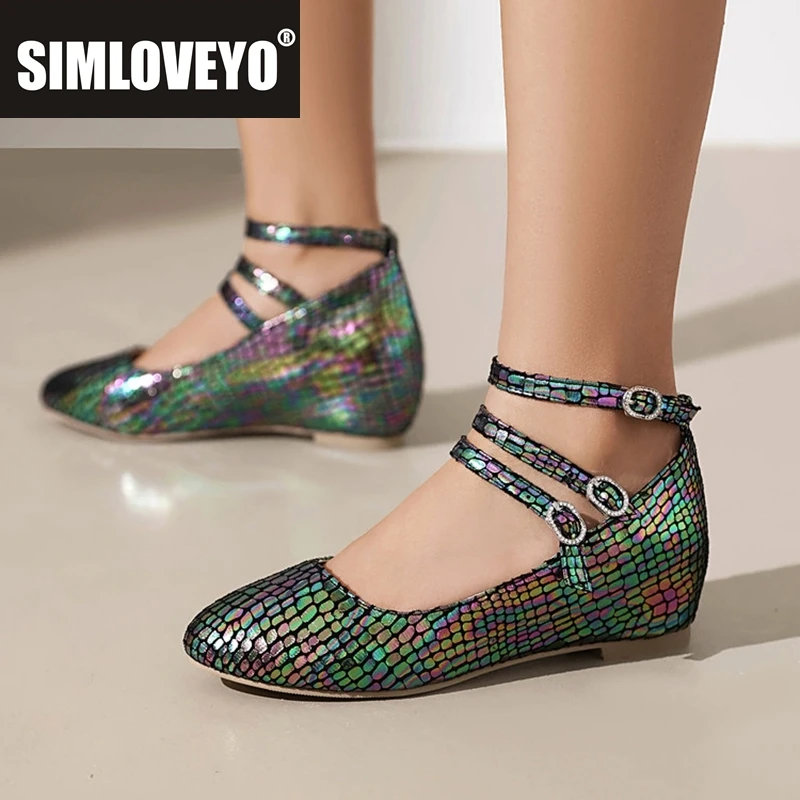 

SIMLOVEYO 2025 Новое поступление, модные блестящие весенние туфли-лодочки на танкетке, милые женские туфли с 3 пряжками, большой размер 46 48 50, зеленые, фиолетовые