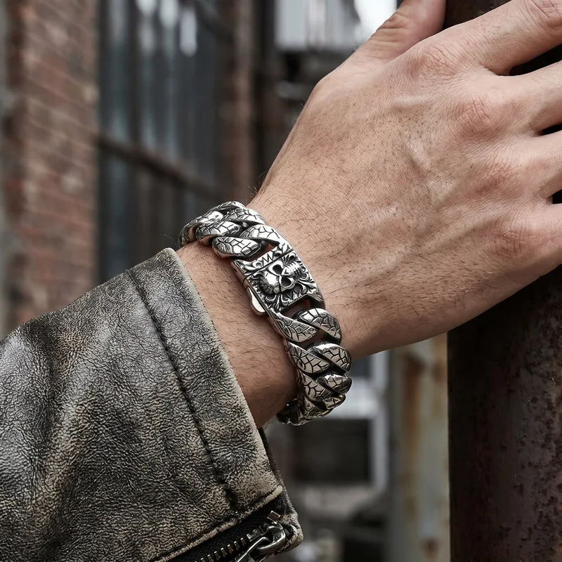 Kalen Vintage Heavy Stainless Steel Cuban Chain Bracelet for Men Punk Snake Grain Skull Accrssory Gothic Thick Party Jewelry