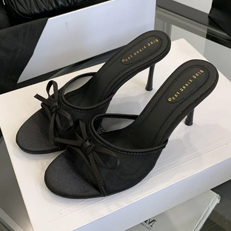 

Mesh Bow Design Sexy High Heel Slippers Sandals Women Summer Elegant Backless Dress Heels Brand Designer Slides Sandals Ladies