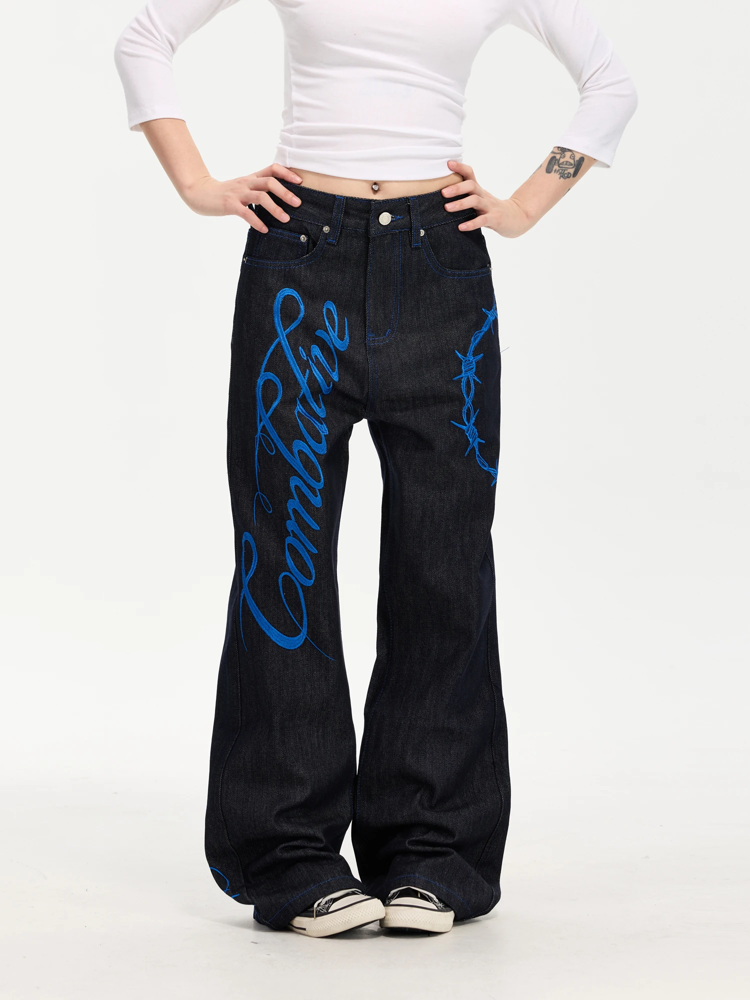 Yeboon American Style Lightweight Embroidered Blue Original Cow Men's Retro Letter Print Straight Loose Jeans Couple Pants